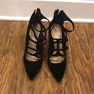BCBGeneration Black Suede Strappy Pointy-Toe Heels